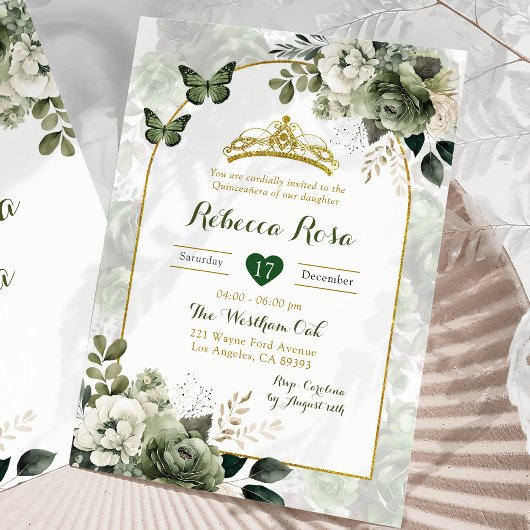 Elegant Boho Arch Sage Groen Royal Quinceañera Kaart