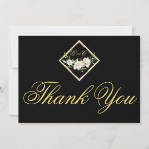 Elegant Boho Black Floral Gold Wedding Monogram Bedankkaart