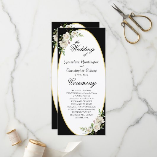 Elegant Boho Black Floral Wedding Ceremony Programmakaart (Voorkant / Achterkant in situ)