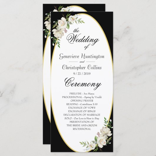 Elegant Boho Black Floral Wedding Ceremony Programmakaart (Voorkant / Achterkant)