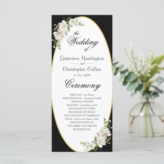 Elegant Boho Black Floral Wedding Ceremony Programmakaart (Staand voorkant)