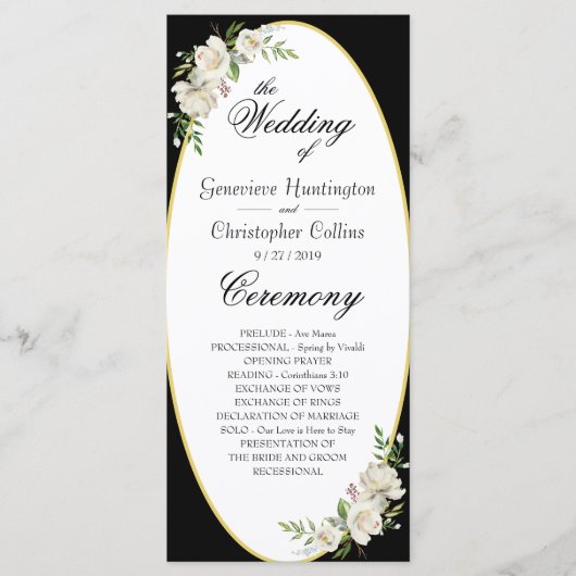 Elegant Boho Black Floral Wedding Ceremony Programmakaart (Voorkant)