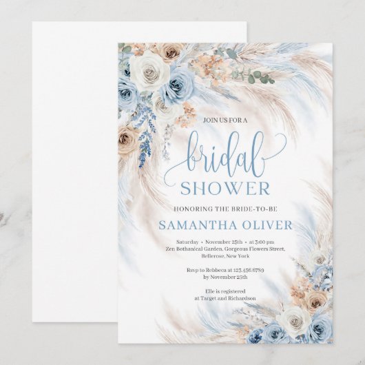 Elegant boho blauw bloemenivoor rozen pampasgras kaart (Voorkant / Achterkant)