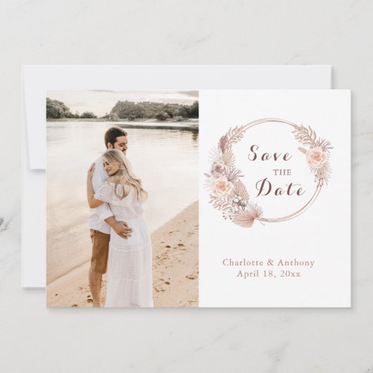 Elegant Boho Bloemen Roos Goud Foto Bruiloft Save The Date (Voorkant)