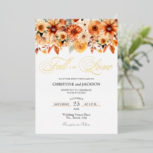 Elegant Boho Bloemige Trouwdag Goud Folie Uitnodiging (Staand Voorkant)