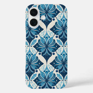 Elegant Boho Bloemmotief in Blauw iPhone 16 Hoesje
