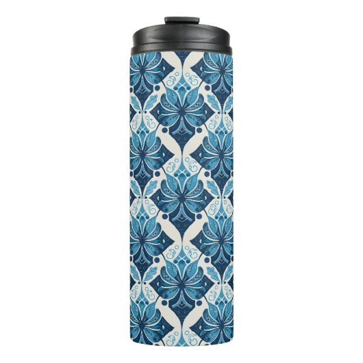Elegant Boho Bloemmotief in Blauw Thermosbeker (Voorkant)