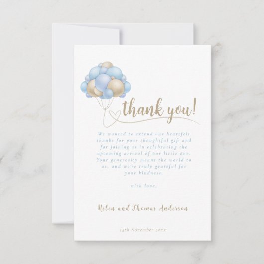 Elegant Boho Blue Balloon Baby shower Bedankkaart (Voorkant)