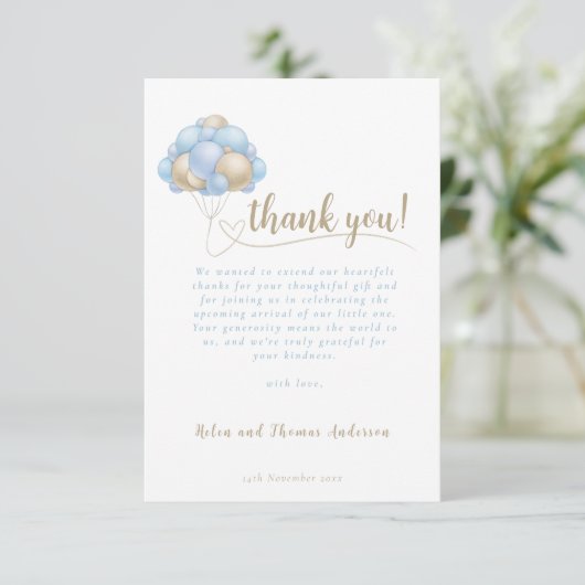 Elegant Boho Blue Balloon Baby shower Bedankkaart (Staand voorkant)