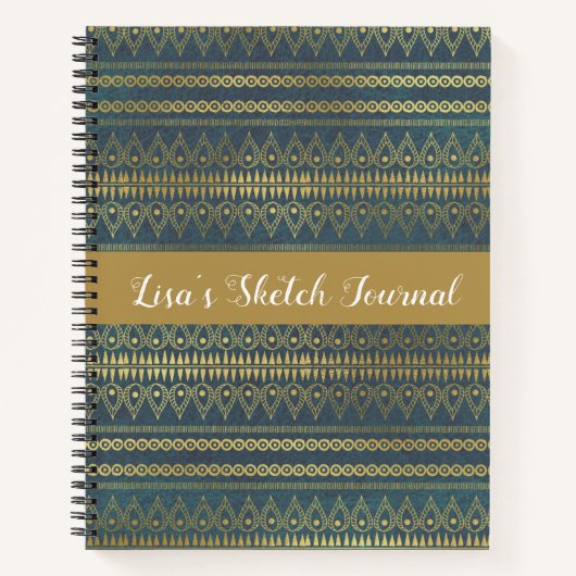 Elegant Boho Blue en Gold Stripe Sketch Notitieboek (Voorkant)