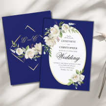 Elegant Boho Blue Floral Gold Wedding Invitation