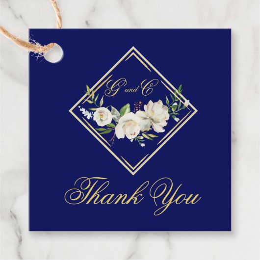 Elegant Boho Blue Floral Gold Wedding Monogram Bedankjes Labels (Voorkant)