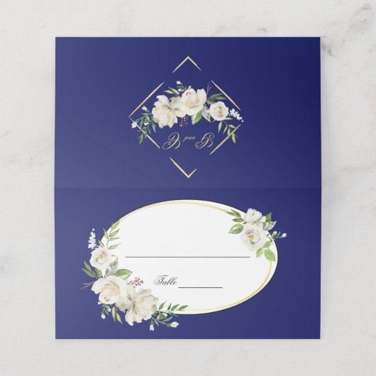Elegant Boho Blue Floral Gold Wedding Monogram Plaatskaartje (Buitenkant ongevouwen)