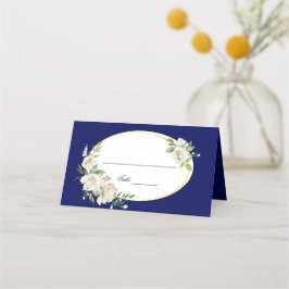 Elegant Boho Blue Floral Gold Wedding Monogram Plaatskaartje
