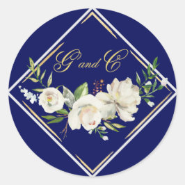 Elegant Boho Blue Floral Gold Wedding Monogram Ronde Sticker