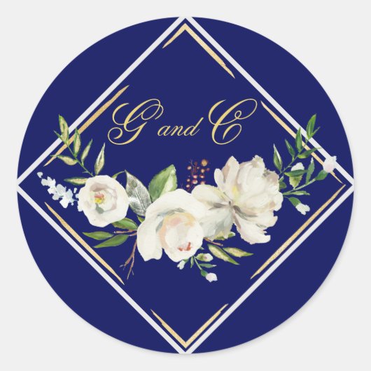 Elegant Boho Blue Floral Gold Wedding Monogram Ronde Sticker (Voorkant)