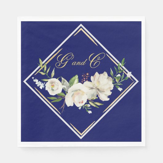 Elegant Boho Blue Floral Gold Wedding Monogram Servet (Voorkant)