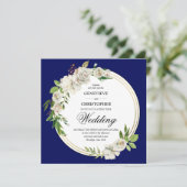 Elegant Boho Blue Floral Gold Wedding Square Kaart (Staand voorkant)