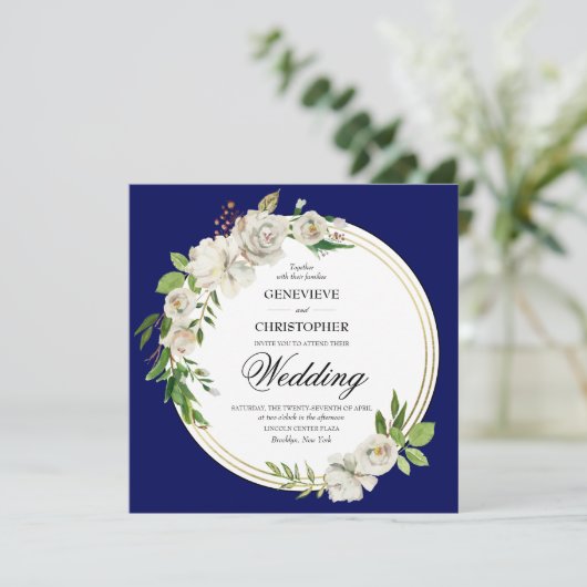 Elegant Boho Blue Floral Gold Wedding Square Kaart (Staand voorkant)