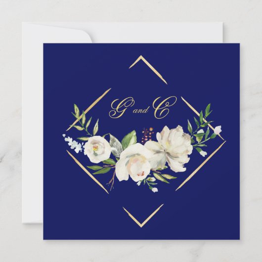 Elegant Boho Blue Floral Gold Wedding Square Kaart (Achterkant)