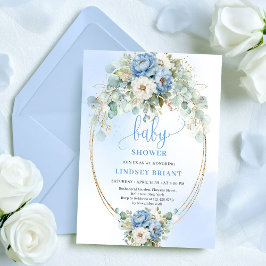 Elegant Boho Blue Floral Greenery Gold Baby Shower Kaart