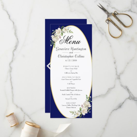 Elegant Boho Blue Floral Wedding Reception Menu (Voorkant / Achterkant in situ)