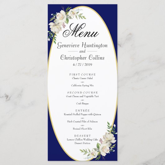 Elegant Boho Blue Floral Wedding Reception Menu (Voorkant)