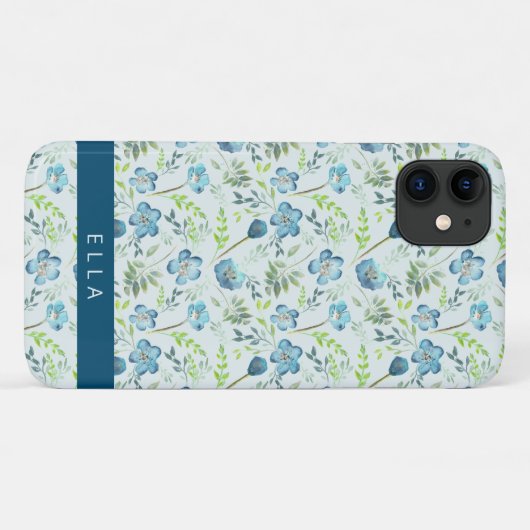 Elegant Boho Blue Green Waterverf Flowers Name Case-Mate iPhone Case (Achterkant (horizontaal))
