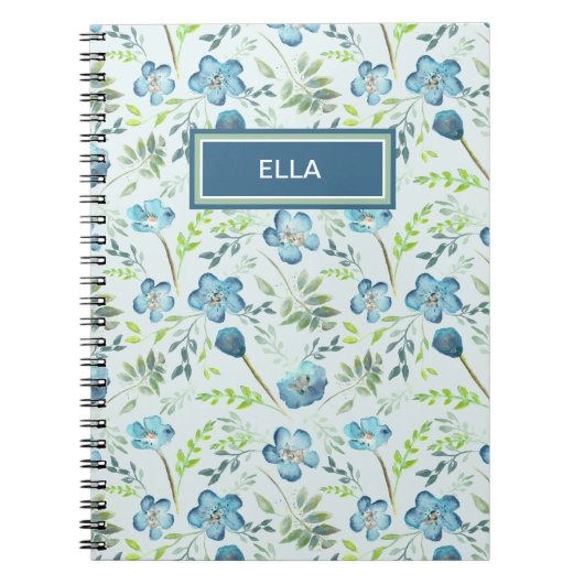 Elegant Boho Blue Green Waterverf Flowers Name Notitieboek (Voorkant)