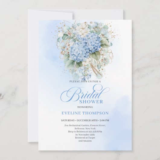 Elegant Boho Blue Hydrangea Gold Bridal Invitation Kaart (Voorkant)