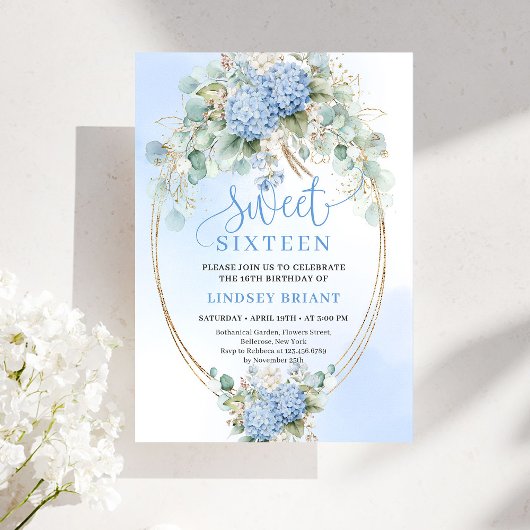 Elegant Boho Blue Hydrangeas Sweet Sixteen Invite Kaart