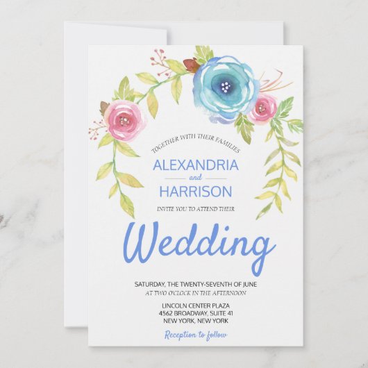 Elegant Boho Blue Pink Rose Floral Arch Wedding Kaart (Voorkant)