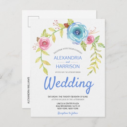 Elegant Boho Blue Roos Floral Arch Wedding Invite Uitnodiging Briefkaart (Voorkant / Achterkant)