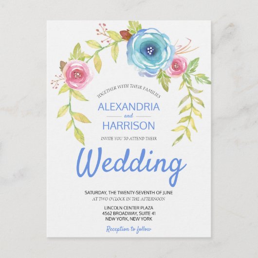 Elegant Boho Blue Roos Floral Arch Wedding Invite Uitnodiging Briefkaart (Voorkant)