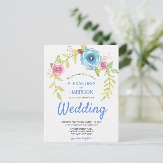 Elegant Boho Blue Roos Floral Arch Wedding Invite Uitnodiging Briefkaart (Staand voorkant)