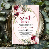Elegant Boho Blush Burgundy Floral Sweet Sixteen  Kaart