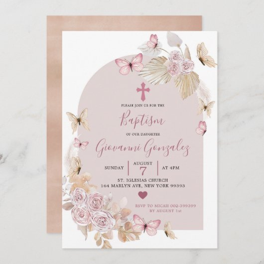 Elegant Boho Blush Butterfly Baptisme Invitation Kaart (Voorkant / Achterkant)