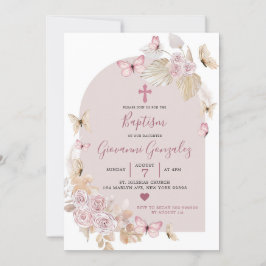 Elegant Boho Blush Butterfly Baptisme Invitation Kaart