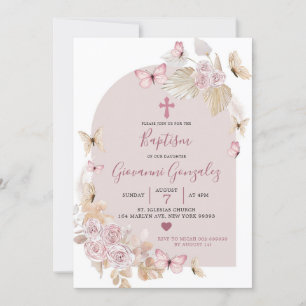 Elegant Boho Blush Butterfly Baptisme Invitation Kaart