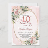 Elegant Boho Blush Floral 40th Birthday Invitation Kaart (Voorkant)