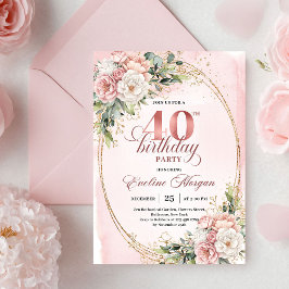 Elegant Boho Blush Floral 40th Birthday Invitation Kaart
