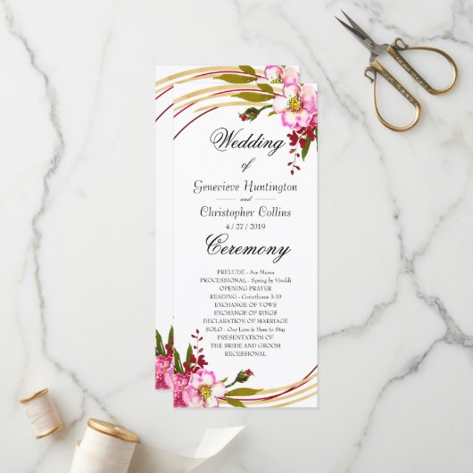 Elegant Boho Blush Floral Wedding Ceremony Program Programmakaart (Voorkant / Achterkant in situ)