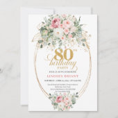 Elegant Boho Blush Roses 80th Birthday Invitation  Kaart (Voorkant)