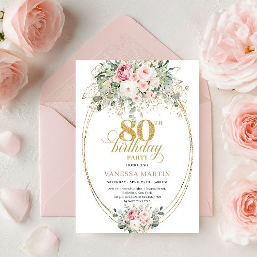 Elegant Boho Blush Roses 80th Birthday Invitation  Kaart