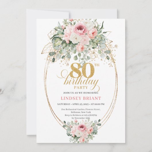 Elegant Boho Blush Roses 80th Birthday Invitation  Kaart (Voorkant)