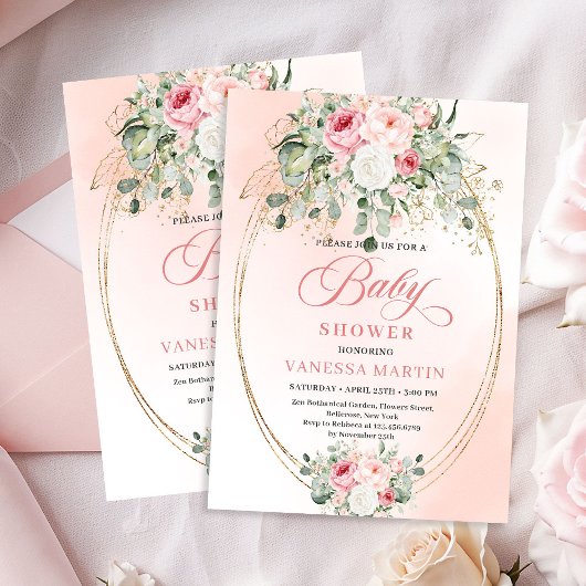 Elegant Boho Blush Roses Gold Baby Shower Invite Kaart