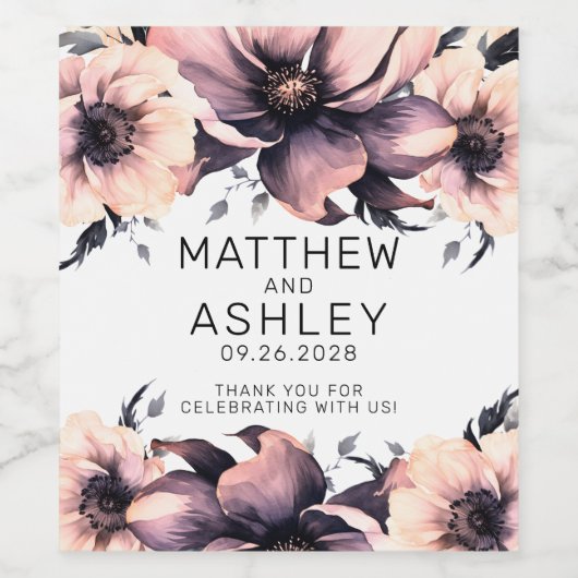 Elegant Boho Blush Roze Bloemen Bruiloft Wijn Etiket (Enkel label)