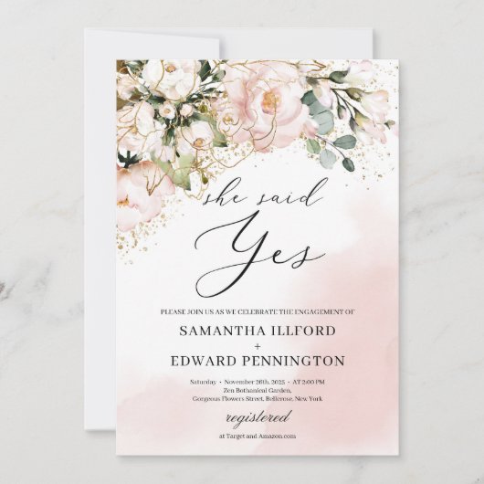 Elegant boho blush roze florale goud ze zei ja kaart (Voorkant)