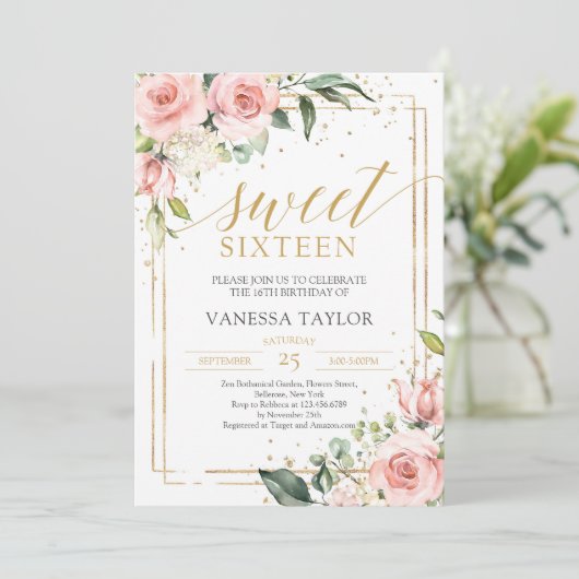 Elegant boho blush roze florale goud, zestien kaart (Staand voorkant)