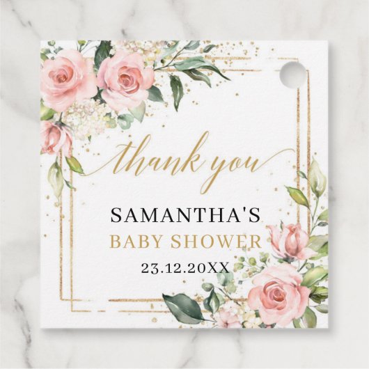 Elegant boho blush roze rozen groen Baby shower Bedankjes Labels (Achterkant)